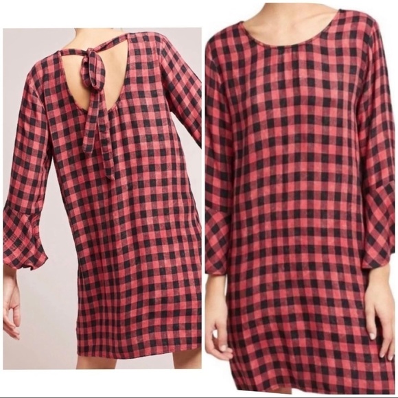 Cloth & Stone Sz S Red Black Buffalo Plaid Checkered Tunic Dress Bell Sleeve - Picture 11 of 13